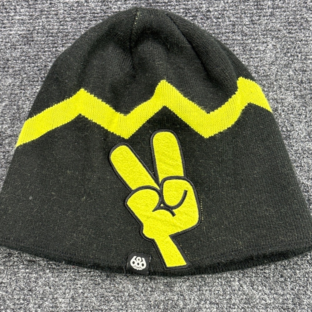686 Peace Sign Beanie Black Neon Yellow Zigzag Knit Winter Hat RN99204 O/S